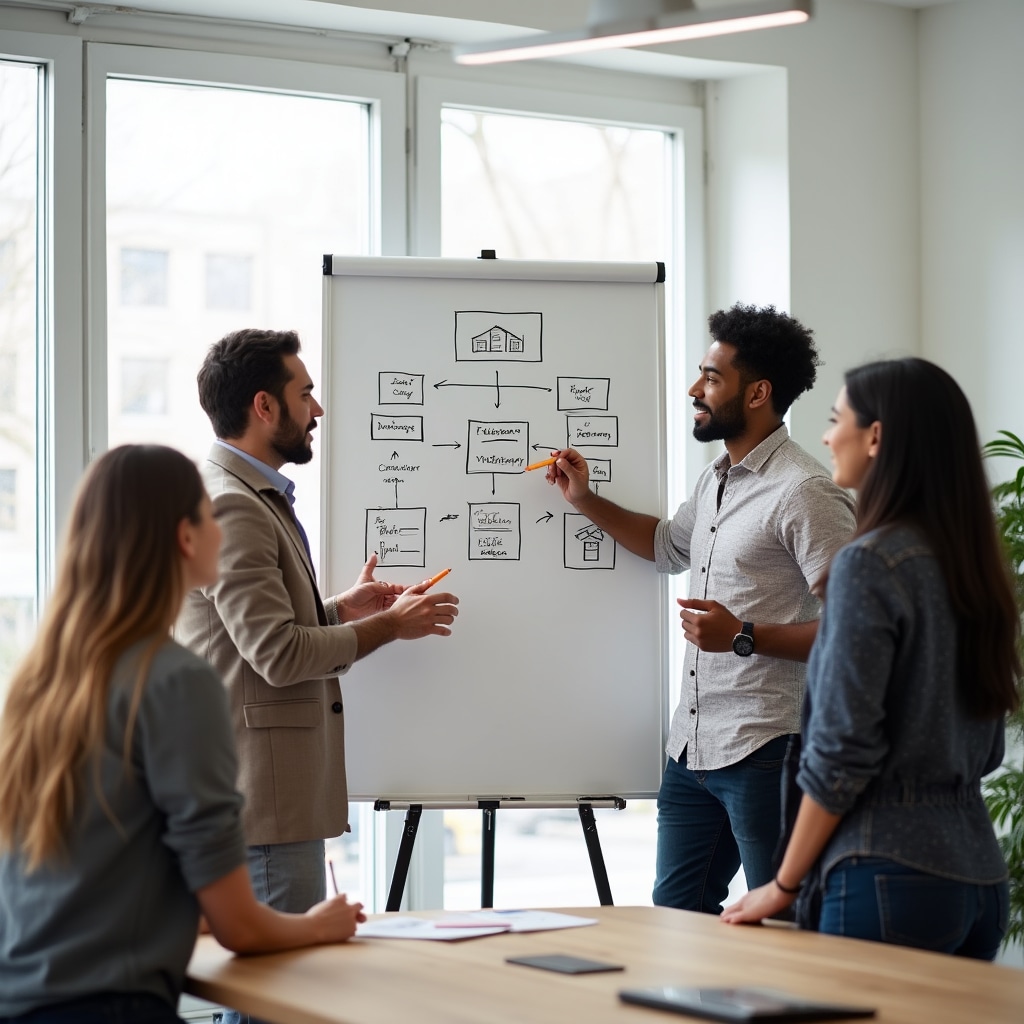 Group of diverse professionals studying collaborative real estate model diagrams in a well-lit conference room