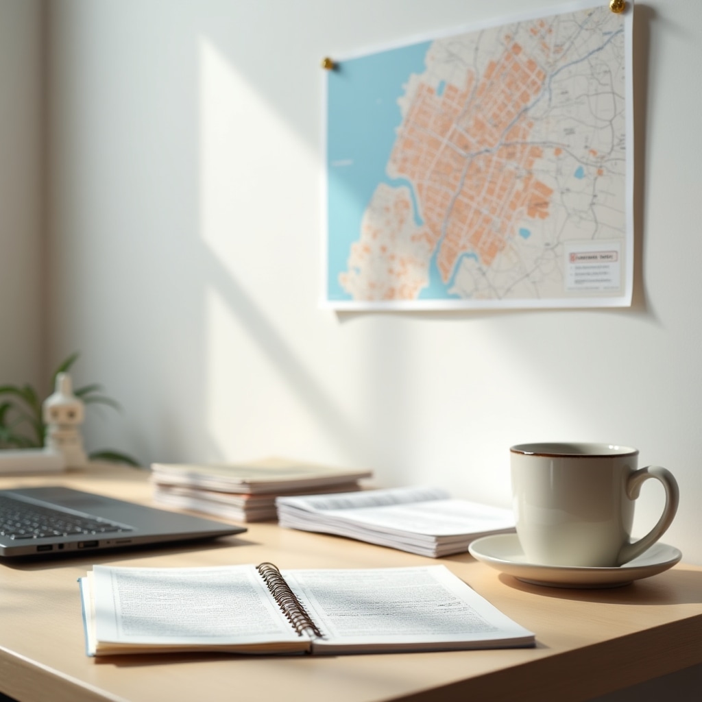Editorial workspace with documents and urban planning maps spread across a clean desk