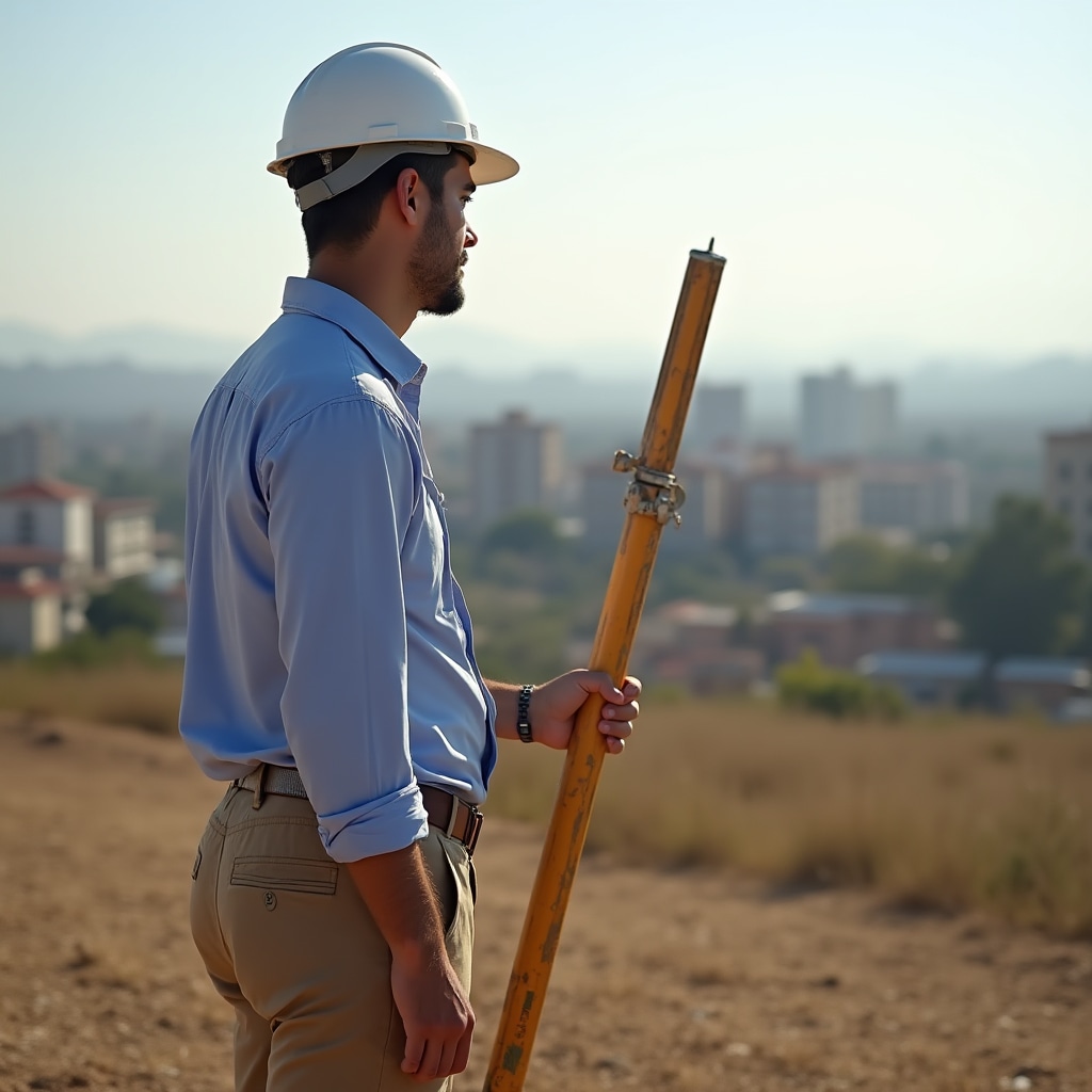 Surveyor measuring land plot in Chilean urban fringe area during due diligence process