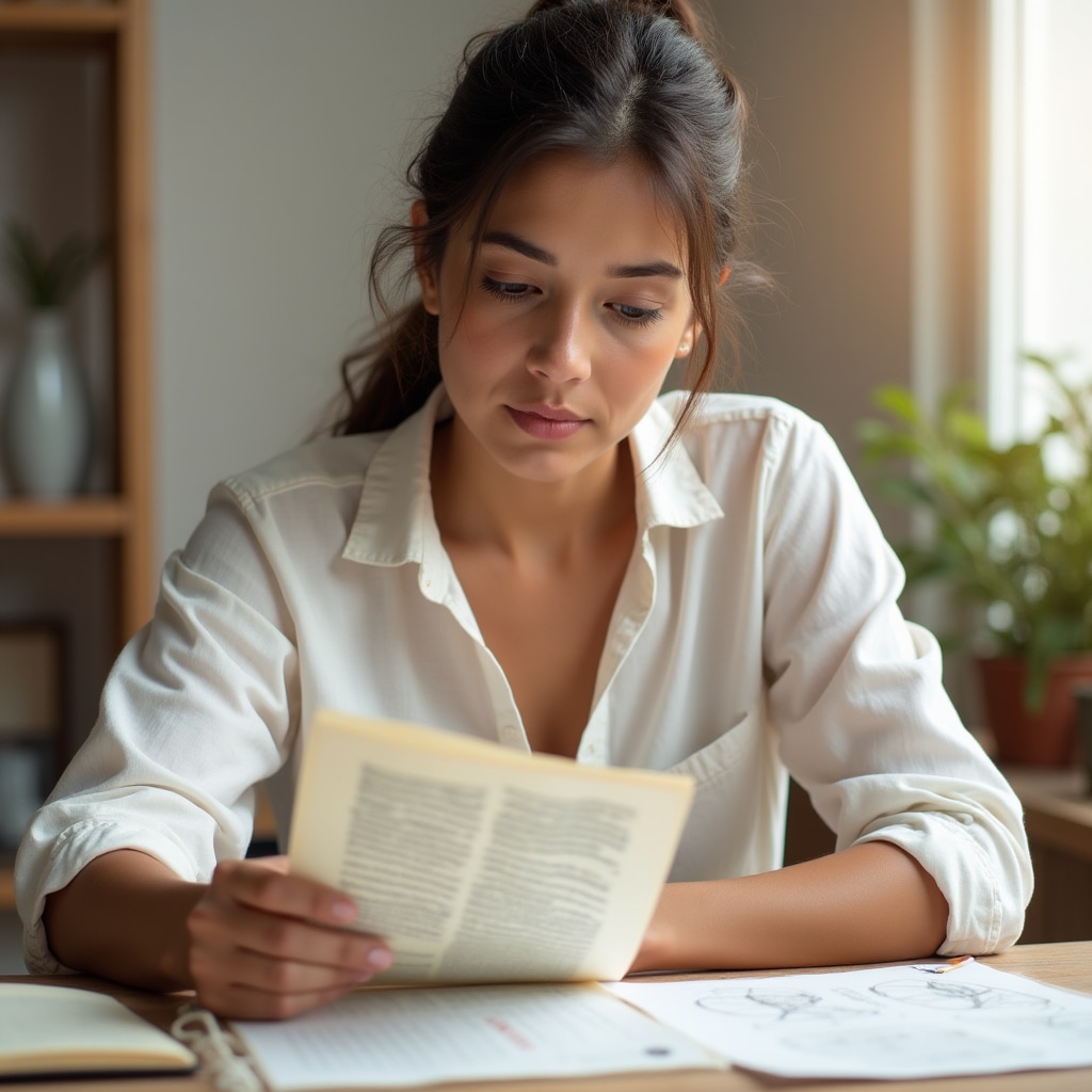Person reading educational materials about urban development spread across a well-organized study desk