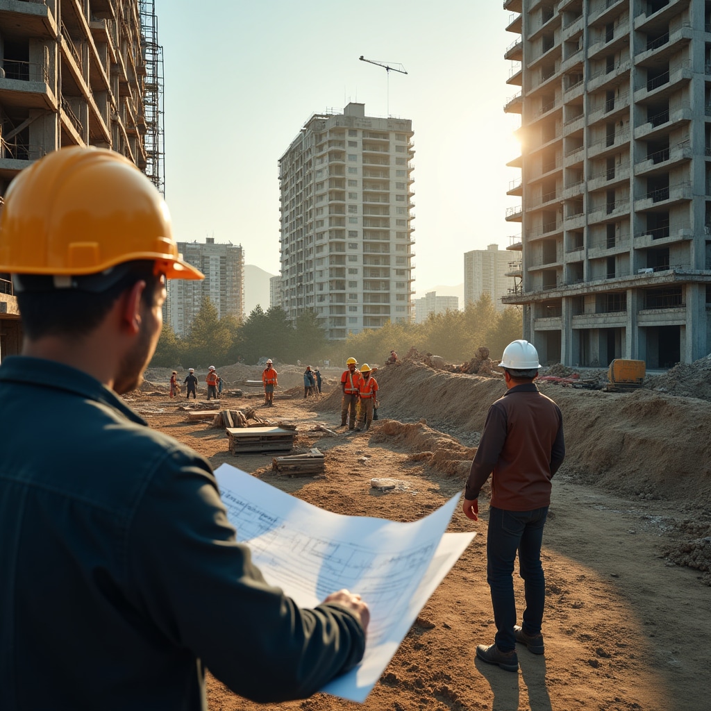 Wide view of a mixed-use development site in Chile showing multiple teams working at different stages of construction