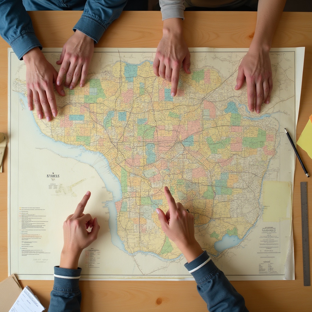 Urban planning session in a Chilean municipal office with maps and zoning documents spread on table