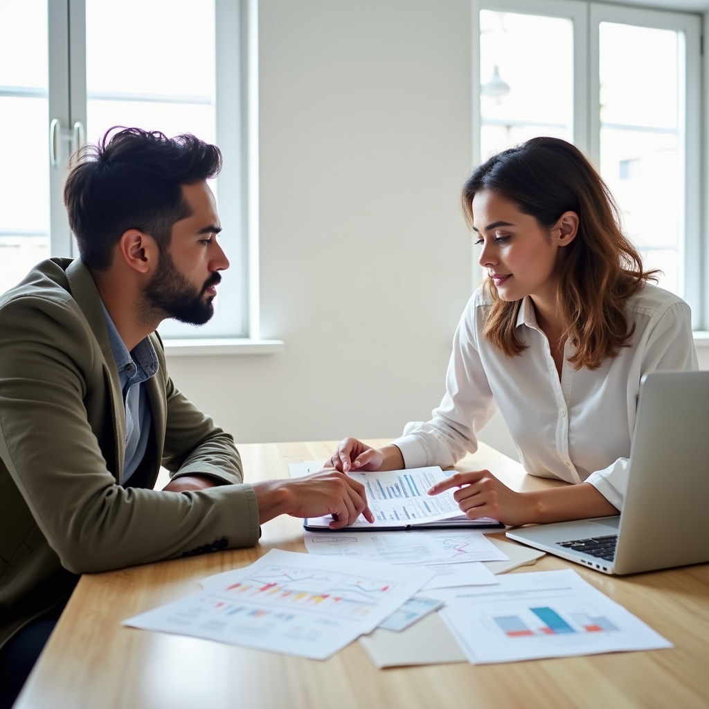 Two young professionals reviewing real estate financial documents at a modern workspace with natural light